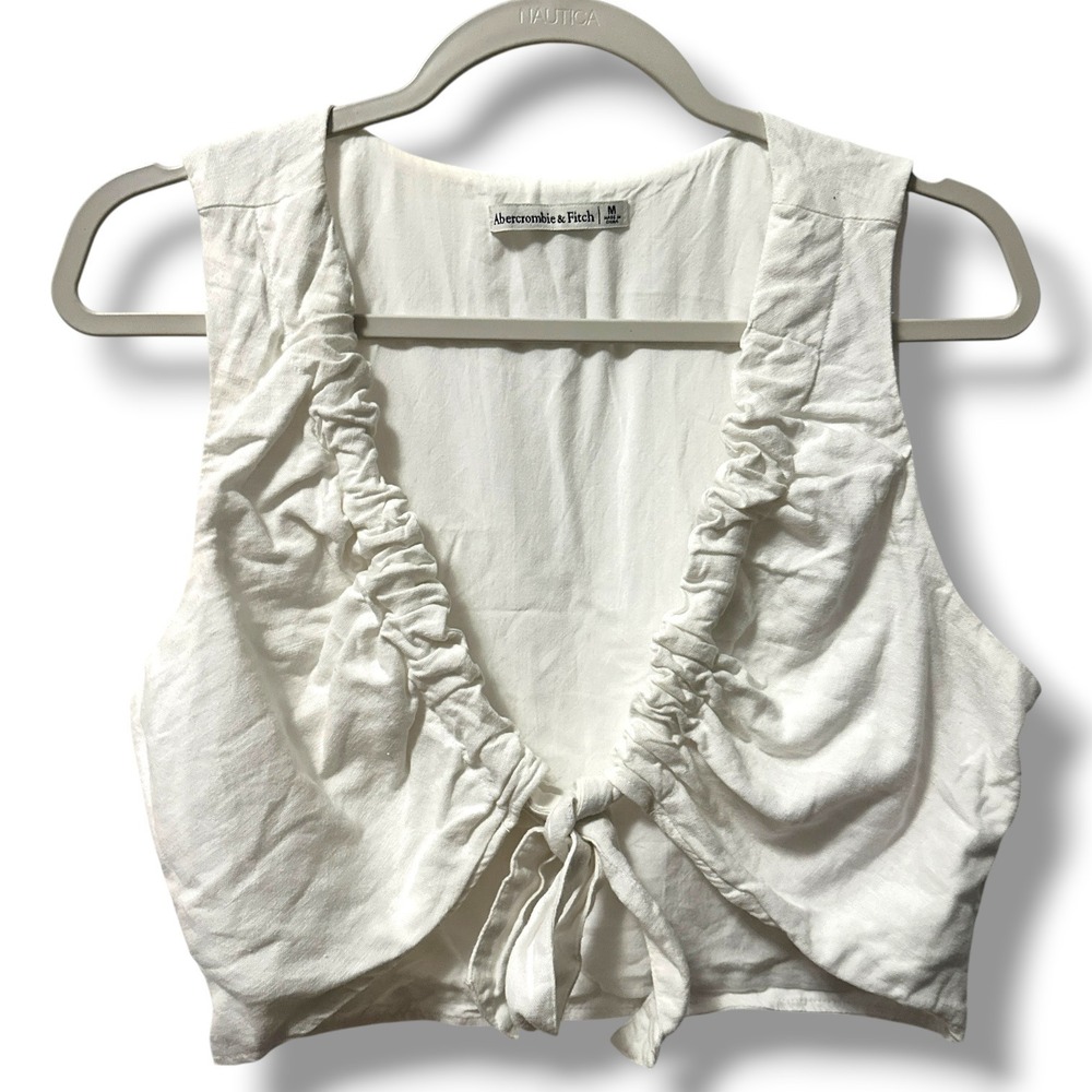 Abercrombie & Fitch White Linen Blend Tie‎ Front Ruffle Crop Vest Top Women's M